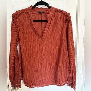 J.Crew Rust Swiss Dot Ruffle Neck Blouse | Long Sleeve Cotton Top | size S